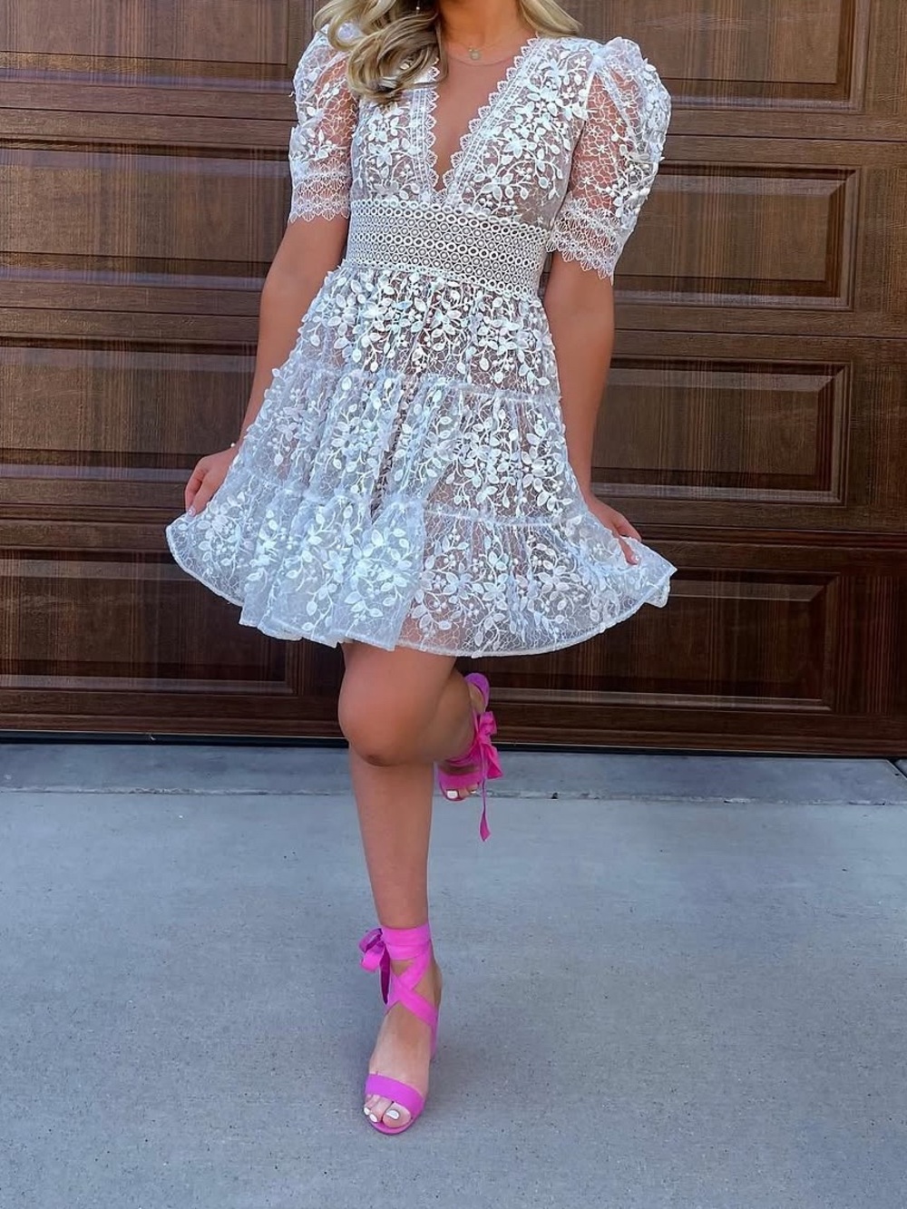 Bronx and Banco White Lace V-Neck Mini Dress with Puff Sleeves